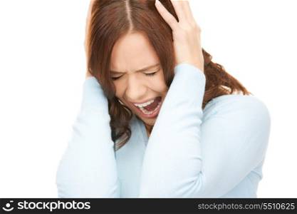 bright picture of screaming woman over white&#xA;