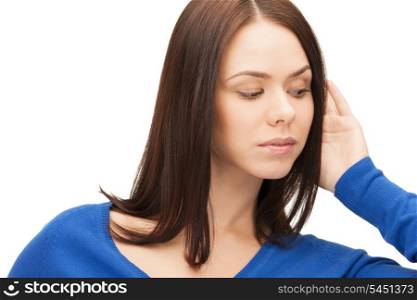 bright picture of serious woman listening gossip