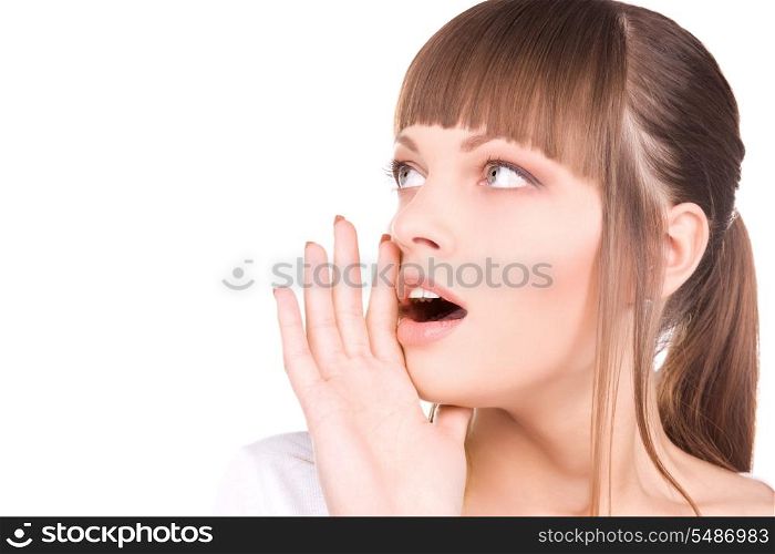 bright picture of shocked woman over white