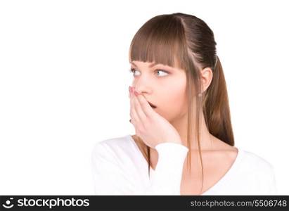 bright picture of shocked woman over white