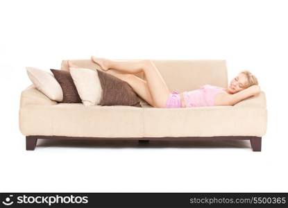 bright picture of sleeping woman on sofa