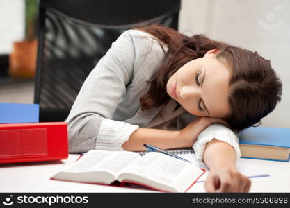 bright picture of sleeping woman with book