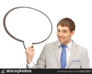 bright picture of smiling businessman with blank text bubble