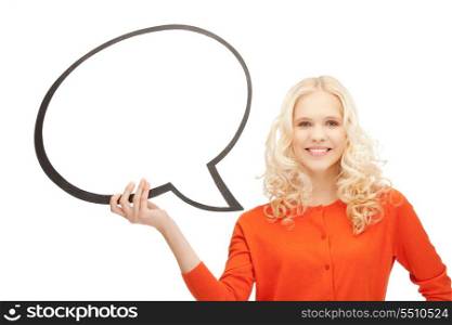 bright picture of smiling businesswoman with blank text bubble