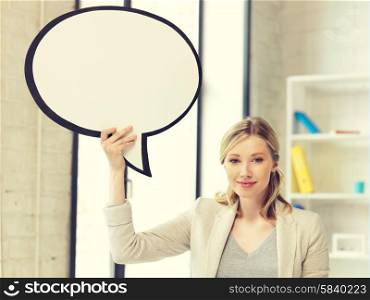 bright picture of smiling businesswoman with blank text bubble. smiling businesswoman with blank text bubble