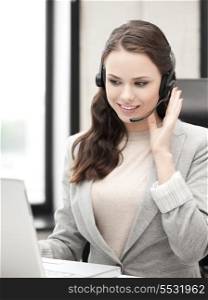 bright picture of smiling female helpline operator with headphones