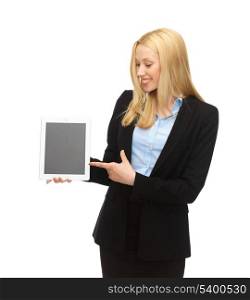 bright picture of smiling woman pointing at tablet pc
