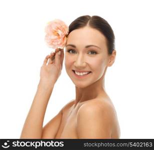 bright picture of smiling woman with flower.