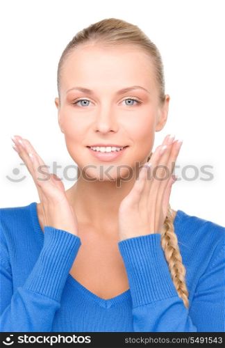 bright picture of surprised woman face over white