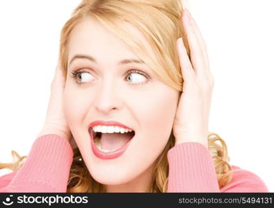 bright picture of surprised woman face over white