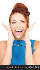 bright picture of surprised woman face over white