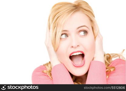 bright picture of surprised woman face over white