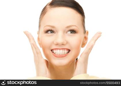 bright picture of surprised woman face over white&#xA;