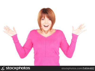 bright picture of surprised woman over white