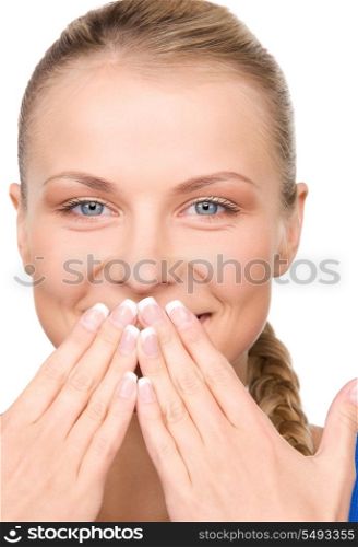 bright picture of teenage girl with hands over mouth