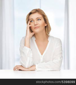 bright picture of thoughtful woman in casual clothes