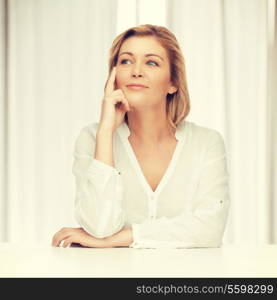 bright picture of thoughtful woman in casual clothes