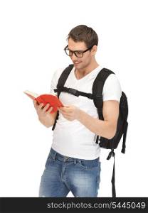 bright picture of travelling student with backpack and book