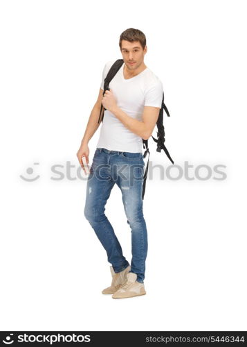 bright picture of travelling student with backpack and book