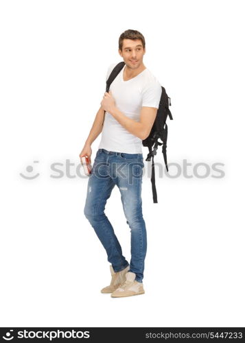 bright picture of travelling student with backpack and book