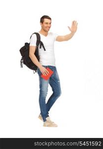 bright picture of travelling student with backpack and book