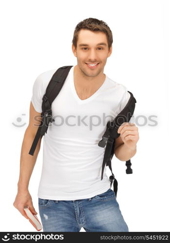 bright picture of travelling student with backpack and book