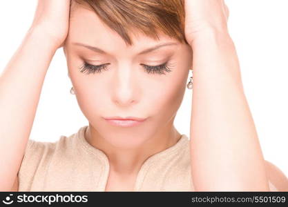 bright picture of unhappy woman over white