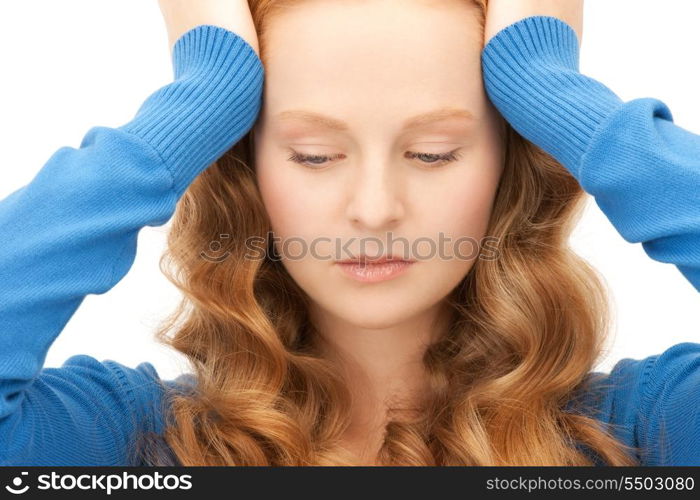 bright picture of unhappy woman over white