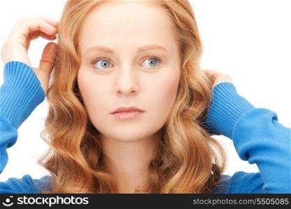 bright picture of unhappy woman over white