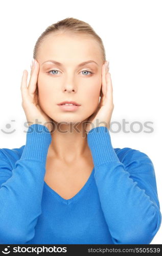 bright picture of unhappy woman over white