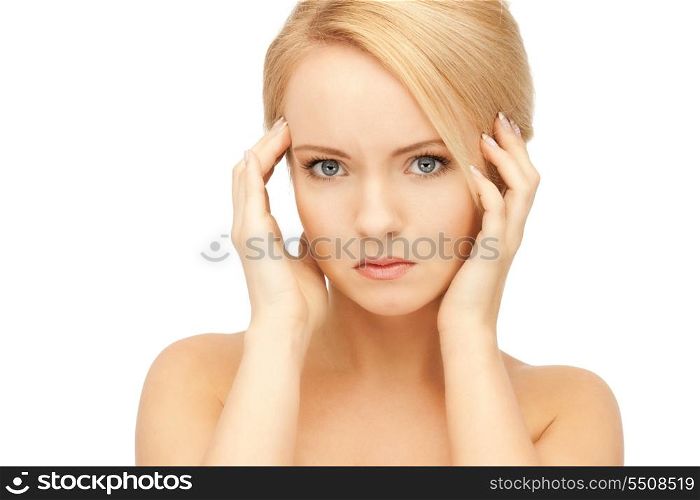 bright picture of unhappy woman over white