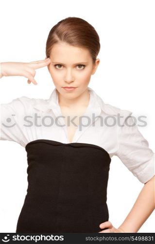 bright picture of unhappy woman showing suicide gesture&#xA;
