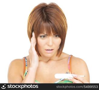 bright picture of unhappy woman with thermometer