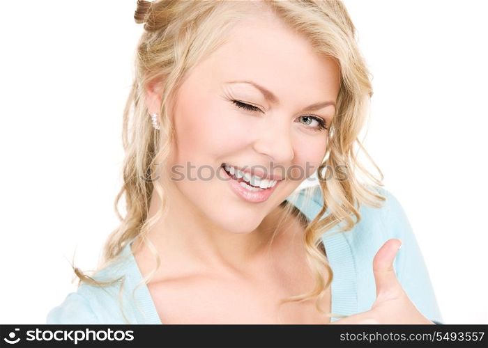 bright picture of winking woman over white