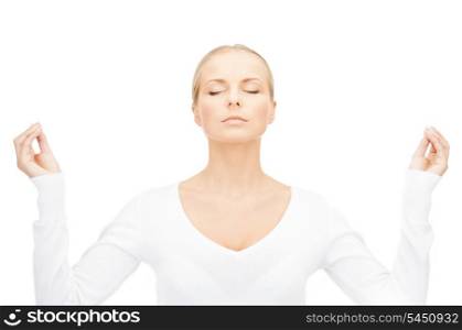 bright picture of woman in meditation over white.