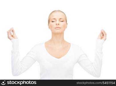 bright picture of woman in meditation over white.