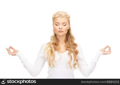 bright picture of woman in meditation over white