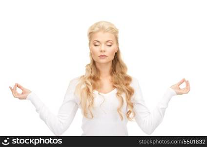 bright picture of woman in meditation over white