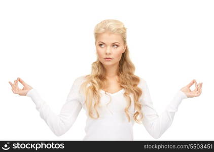 bright picture of woman in meditation over white