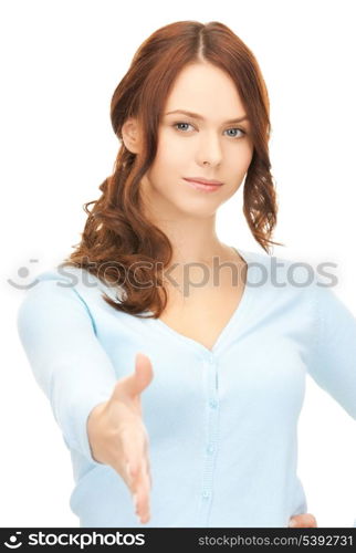 bright picture of woman with an open hand ready for handshake