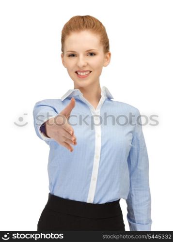 bright picture of woman with an open hand ready for handshake
