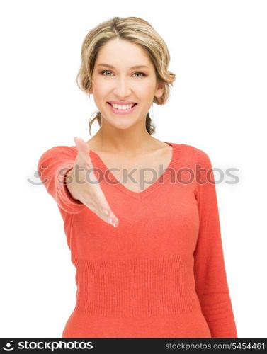 bright picture of woman with an open hand ready for handshake