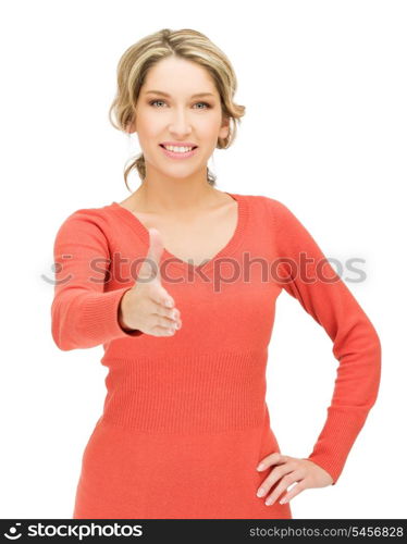 bright picture of woman with an open hand ready for handshake