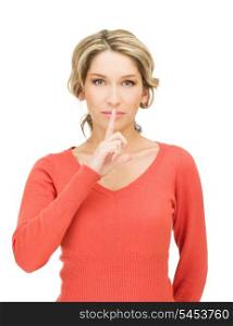 bright picture of woman with finger on lips
