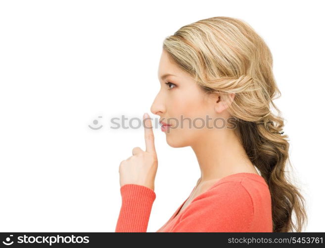 bright picture of woman with finger on lips