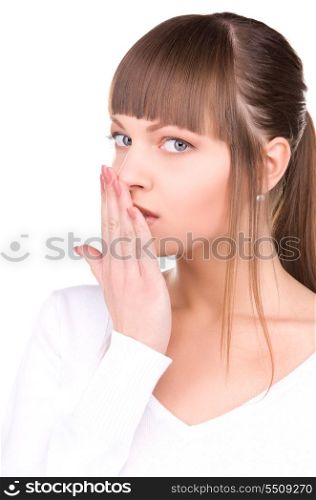 bright picture of woman with hand over mouth