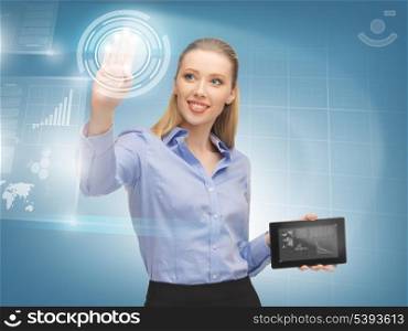 bright picture of woman working with virtual tablet pc