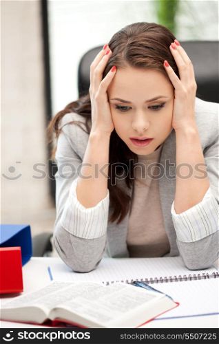 bright picture of worried woman with book