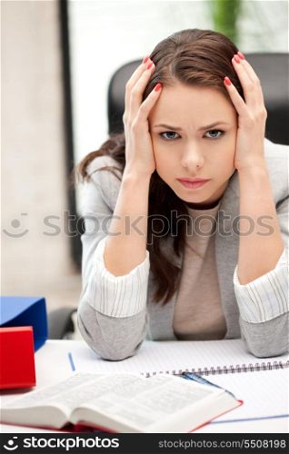 bright picture of worried woman with book