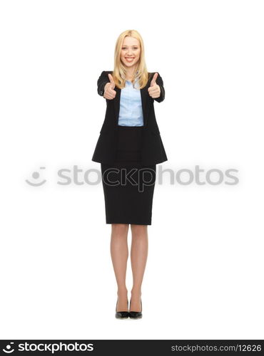 bright picture of young businesswoman with thumbs up